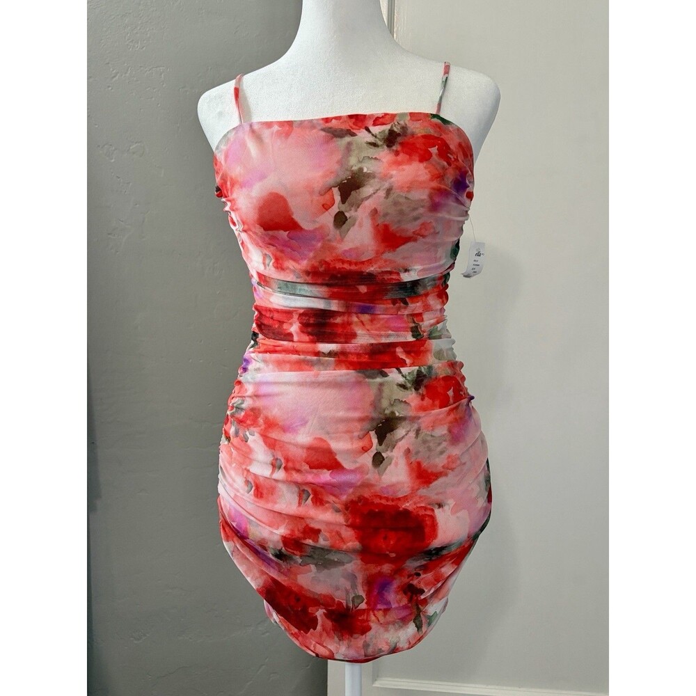 Privy NWT Mini Dress Mesh Ruched Bodycon Pink Orange Floral Watercolor Medium M